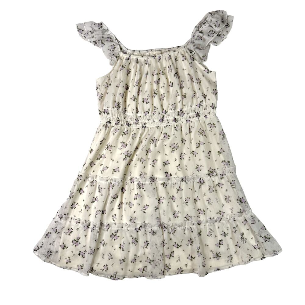 Babydoll Floral Mini Dress XL Ivory Lavender Coquette Cottagecore Tiered Ruffle - Picture 2 of 16